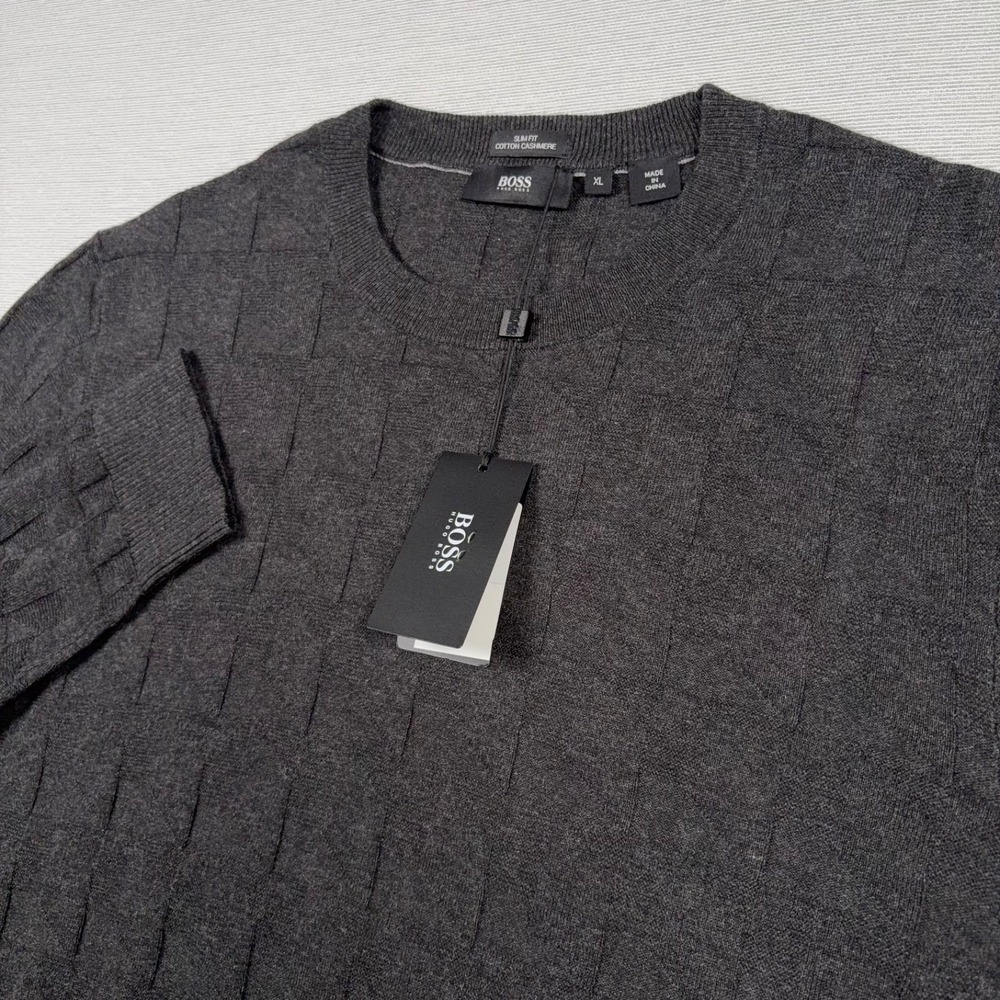 Hugo Boss Erino Slim Fit Textured Cotton Cashmere Sweater Mens Size XL Black